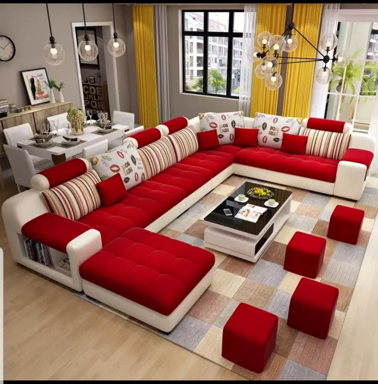 Callister U Shape 9 Seater Fabric Sofa Set with 4 Square Puffy - Torque India